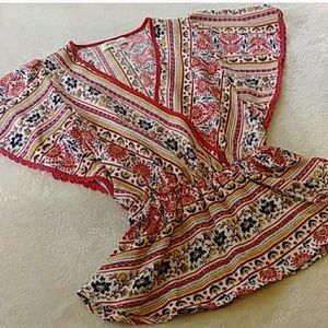 Monteau Floral Boho Faux Wrap Top w Peplum Bottom